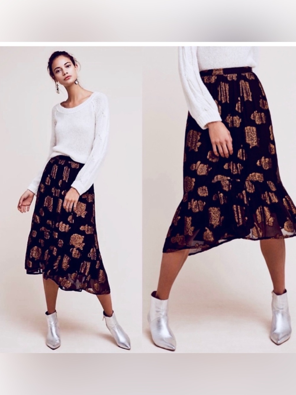 Anthro Floreat Oralie Black & Gold Metallic Floral Rose Midi Skirt Size 10 Glam - Picture 1 of 9